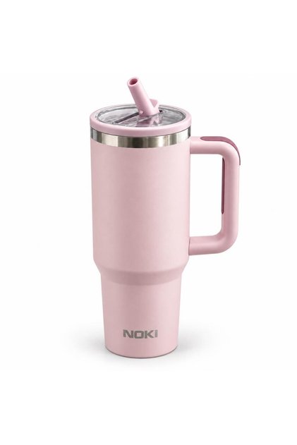 T-0137 1200 ml Paslanmaz Çelik Tumbler Termos Bardak, Pipetli Yedek Kapaklı, Saplı Pembe