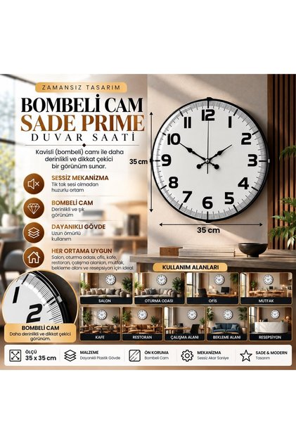 35 cm Bombeli Cam Duvar Saati - Beyaz Kadran Siyah Rakamlı
