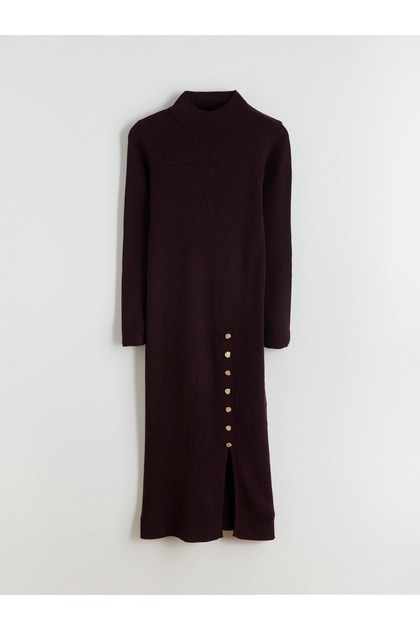 Half Crew Neck Knit Dress with Slit Detail