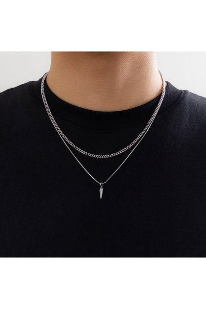 A 2pcs/set Stainless Steel Metal Rivet Pendant Thin Snake Chain Necklace for Men Punk Silver Color C