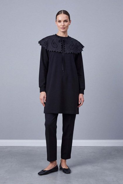 Fisto Collar Cutout Lace Detailed Tunic Black