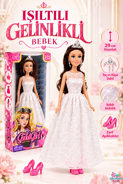 Gelinlikli Oyuncak Bebek 29 Cm. Gelinlik Taç Küpe