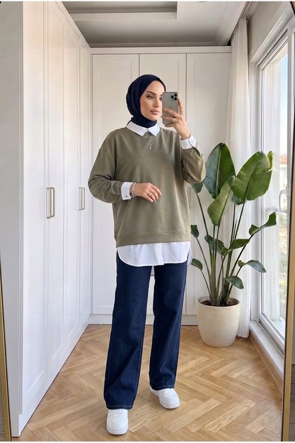Women's Shirt Collar Detailed One-Piece Layered Oversize Sweatshirt 72 cm