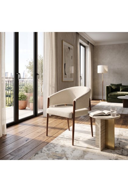 Modern Upholstered Dining Chair with Round Back and Armrests - Off-White