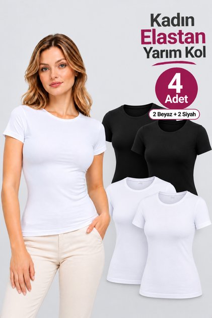 Women's Half Sleeve Badi Undershirt T-Shirt (Tutku Authorized Seller) 94% Cotton 6% Elastane 4-Piece Set – 2 White 2 Black Cotton Flexible Daily Underwear