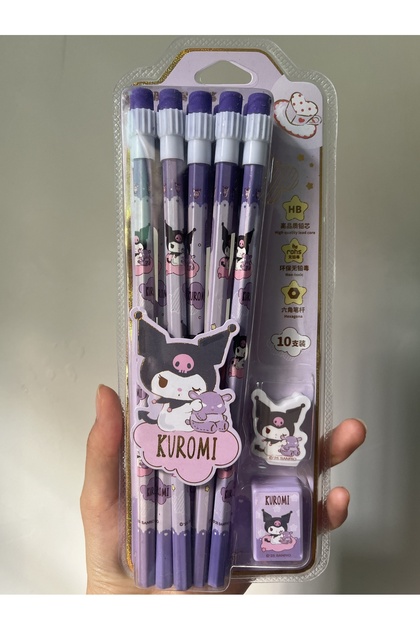 Kuromi 12pcs/set Cartoon Hello Kitty Melody Kuromi Cinnamoroll HB Pencil Pencil Sharpener Sets Drawi