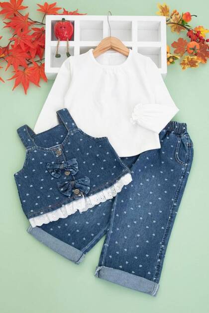 Girl's 3-Piece Set with Denim Vest |   Bow-Tie Denim Vest, Blouse and Trousers |   Stylish Daily Combination