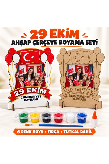 29 Ekim Ahşap Fotoğraf Çerçevesi Boyama Seti, 6 Renk Boya, Fırça ve Tutkal