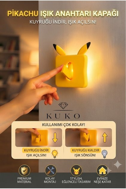 Pikachu Işık Anahtarı Kapağı | Kuyruğu Hareketli Işık Açma Kapama Aparatı | Dekoratif Çocuk Odası Anahtar Süsü | Pikachu Anahtar Aksesuarı