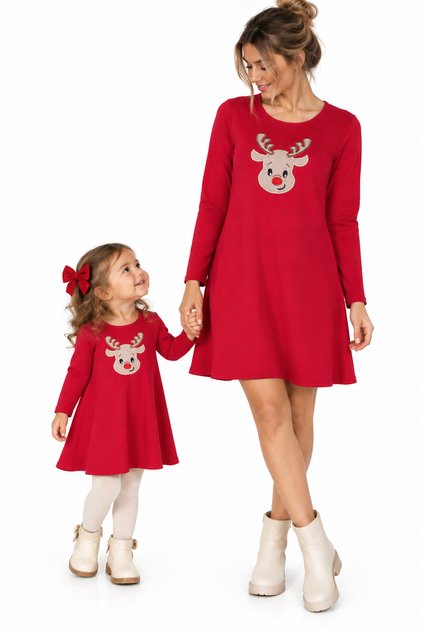 Set mama/fiica, rochii rosii cu ren auriu Craciun