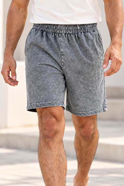 Erkek Yıkamalı Şort – Asit Yıkama Görünümlü Lastik Bel Rahat Kalıp Günlük Streetwear Bermuda Şort