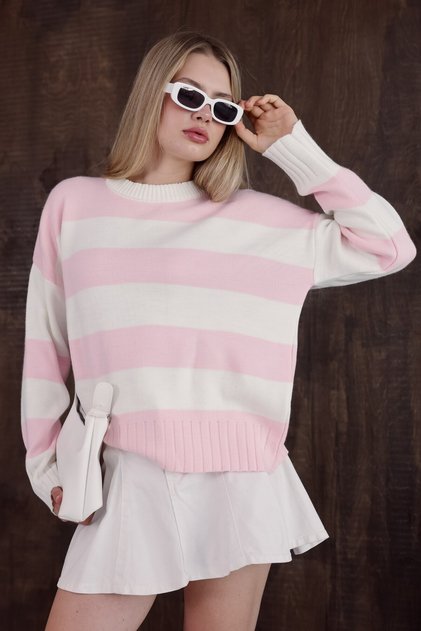 Pembe Beyaz Çizgili Oversize Bisiklet Yaka Kadın Triko Kazak