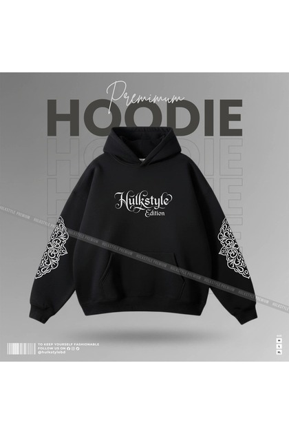 Black Oversize Hooded Sweatshirt Cotton Printed Unisex