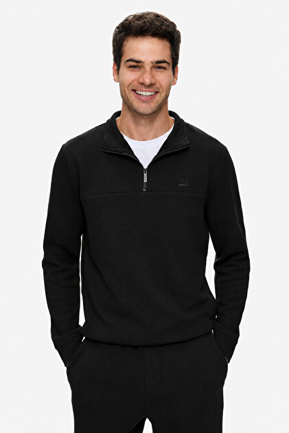 Zeon Black Half Zipper Embroidered Standard Fit Men's Sweatshirt