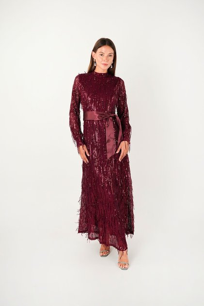 Fringed Sequin Fabric Long Evening Dress - Bordo