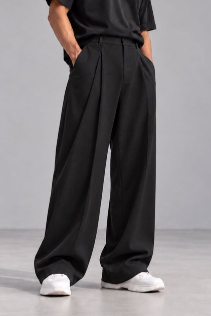 Battal Size Men's Loose and Long-Legged Black Fabric Trousers