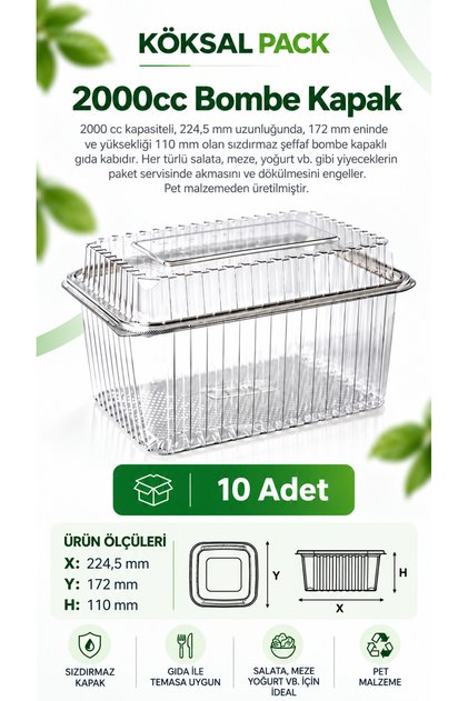 10 Pieces 2000Cc Leak-Proof Food Container with Dome Lid Transparent Pet Storage and Takeaway Container