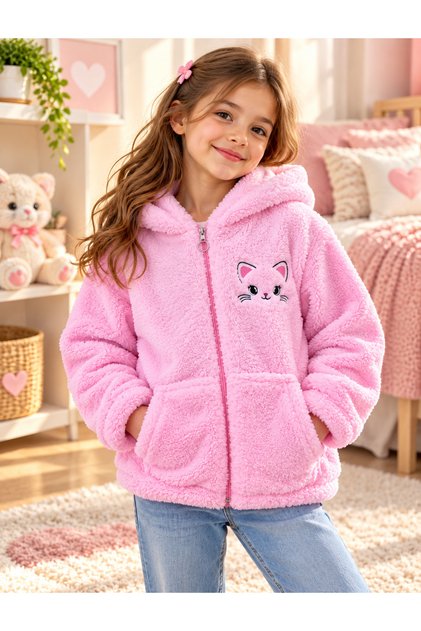 Girl's Plush Cardigan with Hood and Pockets, Soft Winter Cardigan in Light Pink Color, Kuromi