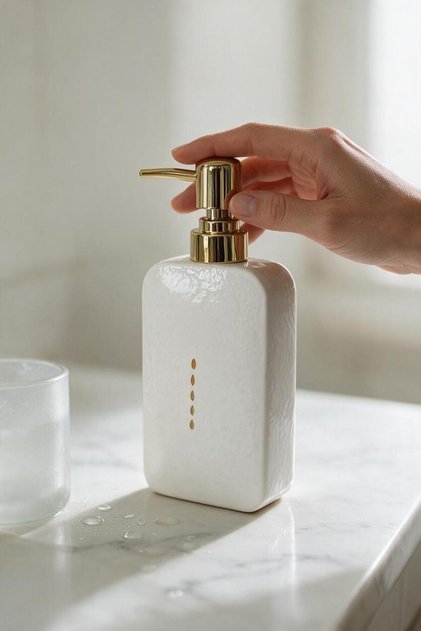 Shiny Surface Porcelain Liquid Soap Dispenser Cream, Gold Pump 300ml