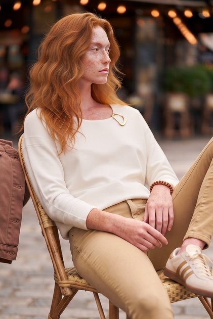 Ecru Pool Collar Long Sleeve Casual Knitwear Sweater with Buckle Collar 60 58