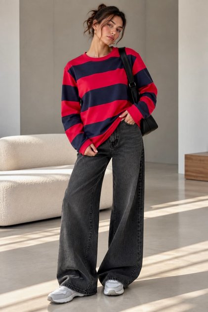 Striped Oversize Long Sleeve Basic Sweatshirt Zg3535