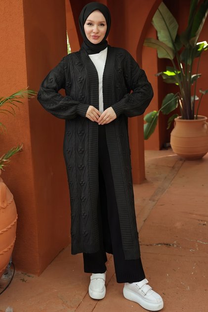 Cherry Patterned Long Knitwear Cardigan Black Hnt2815