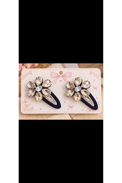 Navy Blue Crystal Flower Detailed Snap Buckle