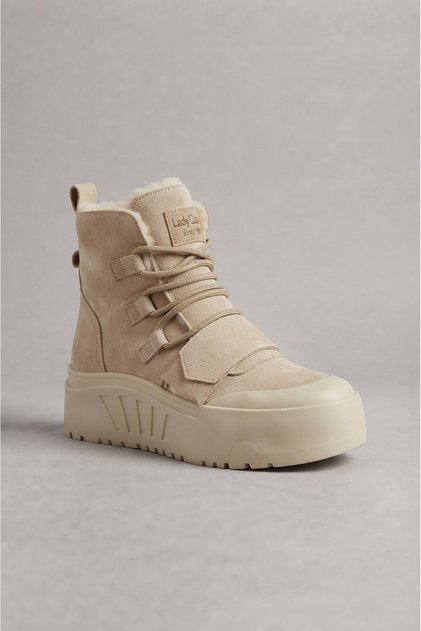 Beige Suede Thick Soled Lace-Up Women's Casual Daily Boots with Fur Inside