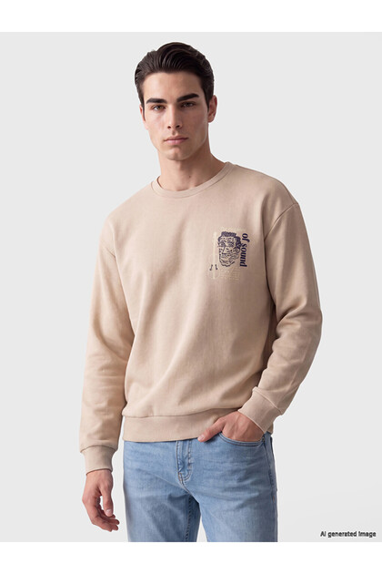 Özmarka New Season Plum Color Crew Neck Printed Men's Sweatshirt