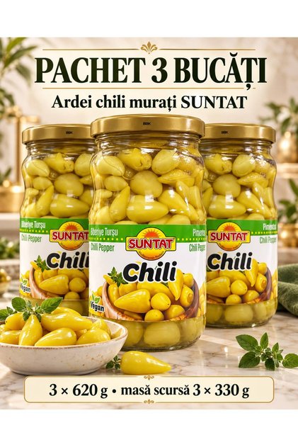 Ardei Chili Murați, pachet 3 borcane × 620 g, masă scursă 3 × 330 g