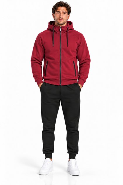 Men's 3 Thread Cotton Tracksuit Set with Stand Collar and Hooded Zipper, Claret Red-204