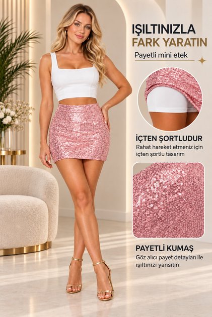 Women's Pink Sequined Mini Shorts Skirt High Waist Shiny Sequin Party Dressing Skirt