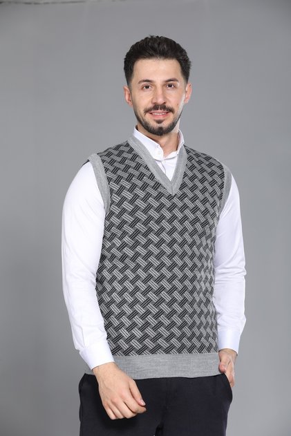Light Gray Men's Dad and Middle-Aged Patterned Acrylic Thick Textured V-Neck Knitwear Sweater