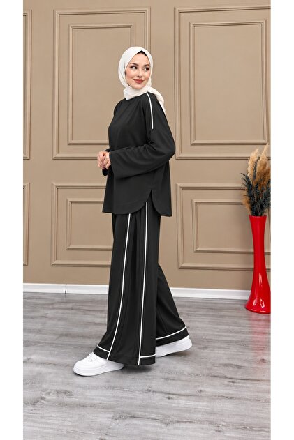 Women's 100% Cotton Hijab 2-Thread Stripe and Pleated Detailed Top and Bottom Set | Comfortable Suit for Daily Use | Strip and Pleat Detailed Design | Modern Stylish Women's Top and Bottom Set Model for Islamic Clothing