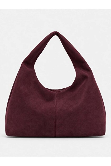 Bordo Süet Kadın Shopper Omuz Çantası – Yumuşak Form Vintage Model
