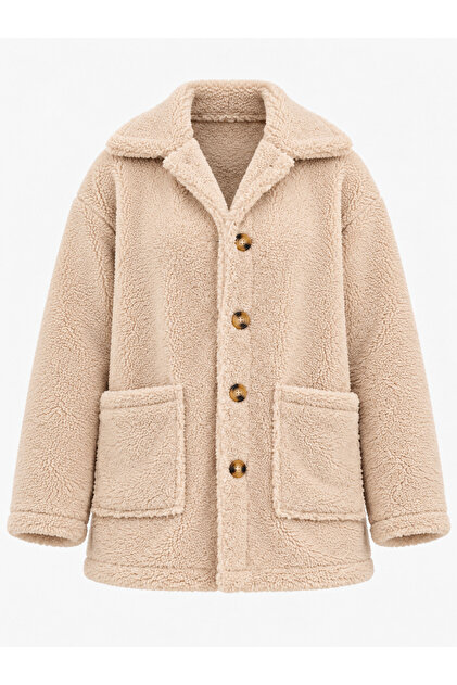 Kadın Teddy Peluş Oversize Cepli Düğmeli Ceket