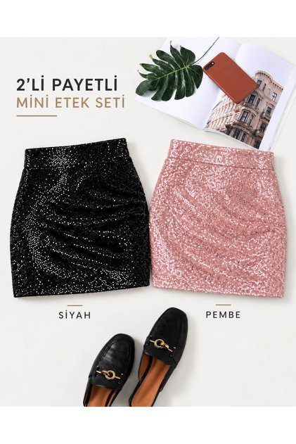 Women's 2-Piece Black Pink Sequined Mini Shorts Skirt Set High Waist Shiny Sequin Skirt