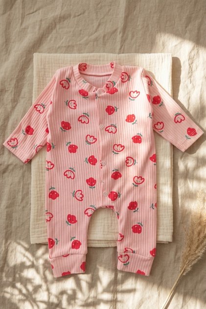 Salmon Tulip Patterned Fabric 100% Cotton Baby Girl Romper 3-6-9 Months