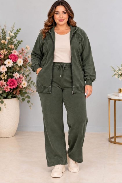 Women's Large Size Zippered Hooded Comfortable Fit Tracksuit Set C7110-Khaki