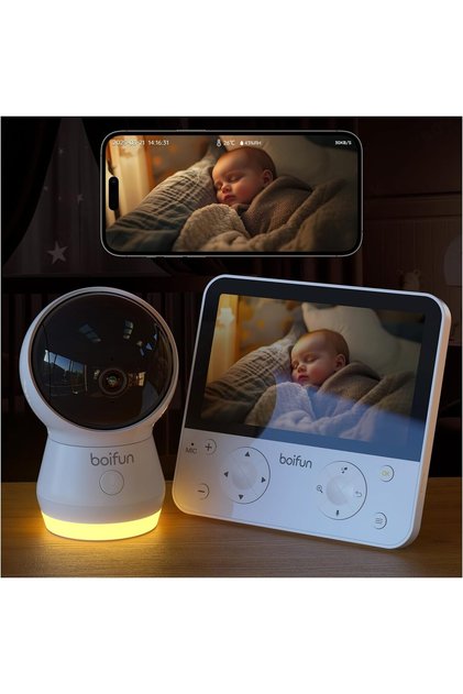 Monitor de bebeluși WiFi 4MP 2.4/5Ghz display 5.5'' și control prin aplicatie, detectare a acoperirii feței și a somnului pe burtă, rotatie 360 Detectie plangere și mișcare