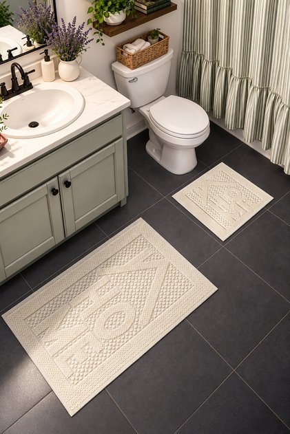 Sakura SK019A Doğal Pamuk 2'li Banyo Paspas Seti 60x100 60x50cm Kaymaz Taban Makinada Yıkanabilir