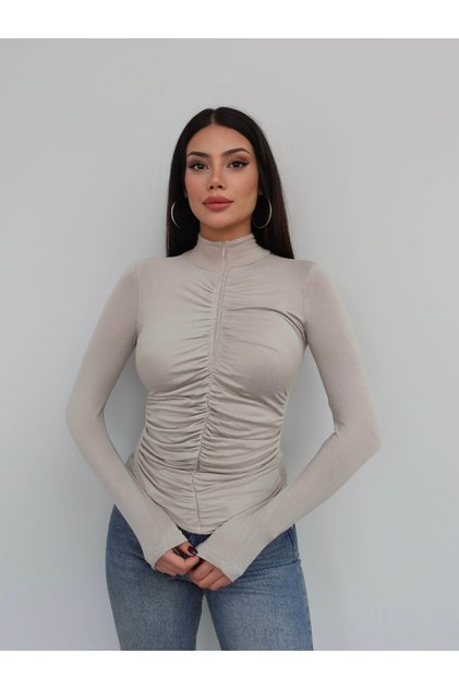 Gathered Front Zippered Blouse