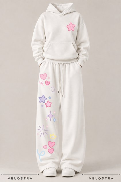 Women's Colorful Heart Star Printed Hooded Sweatshirt Wide Leg Sweatpants 100% Cotton Tracksuit Set