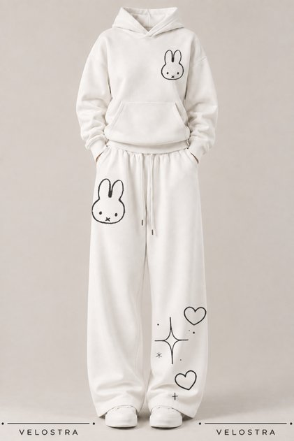 Women's Miffy Rabbit Printed Hooded Sweatshirt Wide Leg Sweatpants 100% Cotton Winter Tracksuit Set