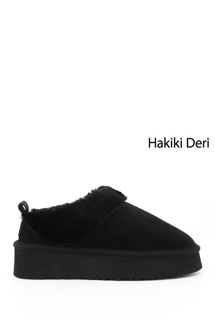 Women's Black Suede W Tazz Thick Soled Genuine Leather Fur Slippers