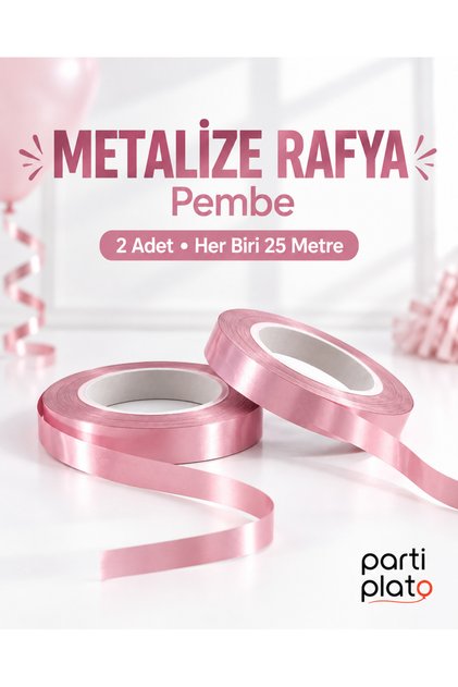 Pembe Metalize Rafya 2 Adet x 25 Metre Balon İpi Hediye Paketi Süsleme Şeridi
