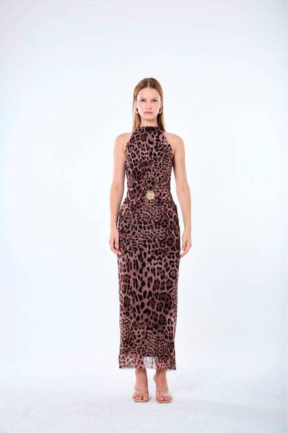 Halter Neckle Leopard Tulle Dress with Accessory Detail on the Front