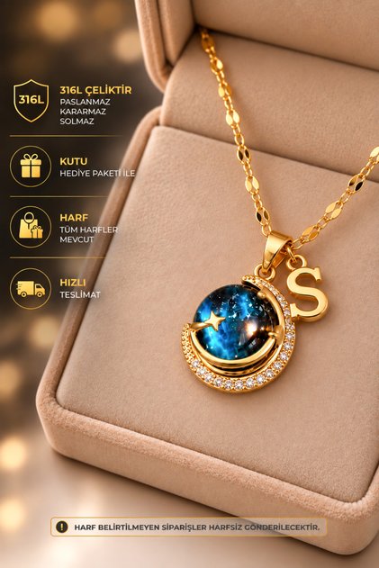 Galaksi Taşlı Gökyüzü Model 316L Paslanmaz Çelik Gold Kadın Kolye (Kişiye Özel Harf)