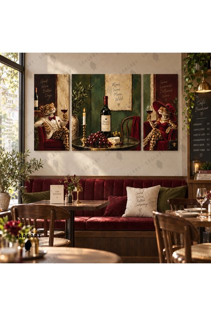 3’lü Kanvas Tablo Seti Orta Kare Yanlar Dikey Leopar Figürlü Şarap Keyfi Temalı Yeşil Bordo Vintage Salon Kafe Dekoru