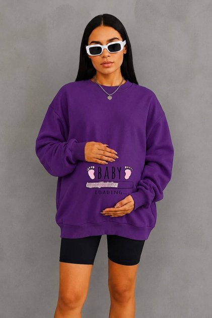 3 Yarn Combed Cotton Baby Loadi̇ng Printed Maternity Sweatshirt Jq5